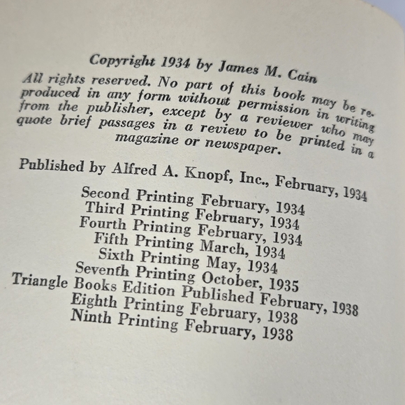 The Postman Always Rings Twice HC Book+DJ James M Cain 1938 Very Good Condition - Picture 9 of 10